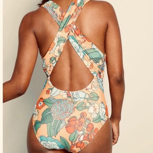 ModCloth Womens Lauren One Piece Swimsuit XL Yellow Floral Colorful Deep V Swim - Picture 2 of 9